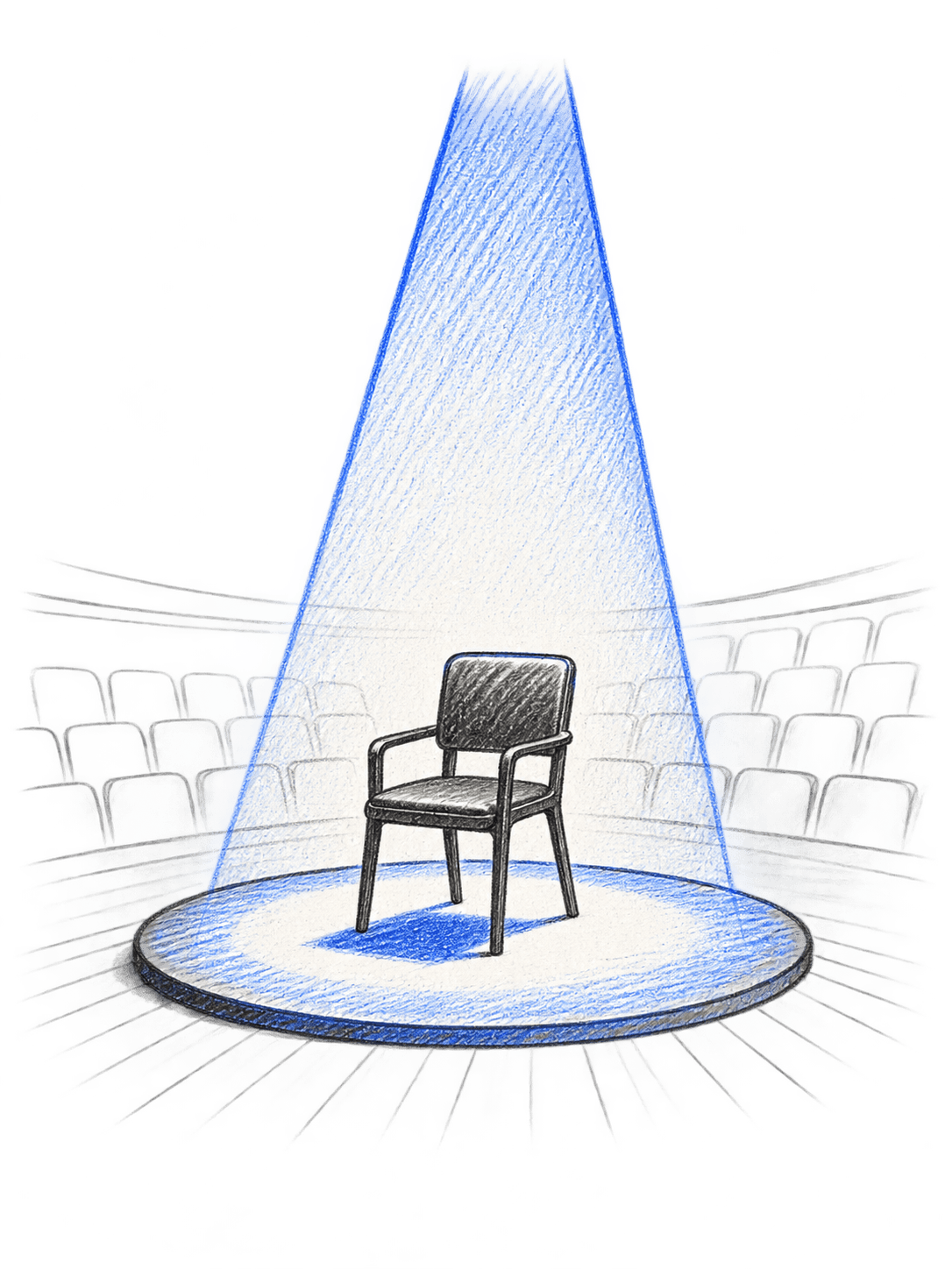 A chair waiting in a group discussion rehearsal spotlight